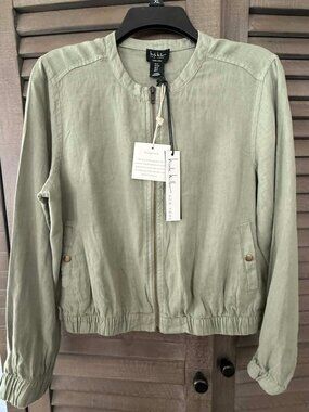 Nicole Miller Linen Jacket NWT Olive Green Zip Front Lightweight Size Small